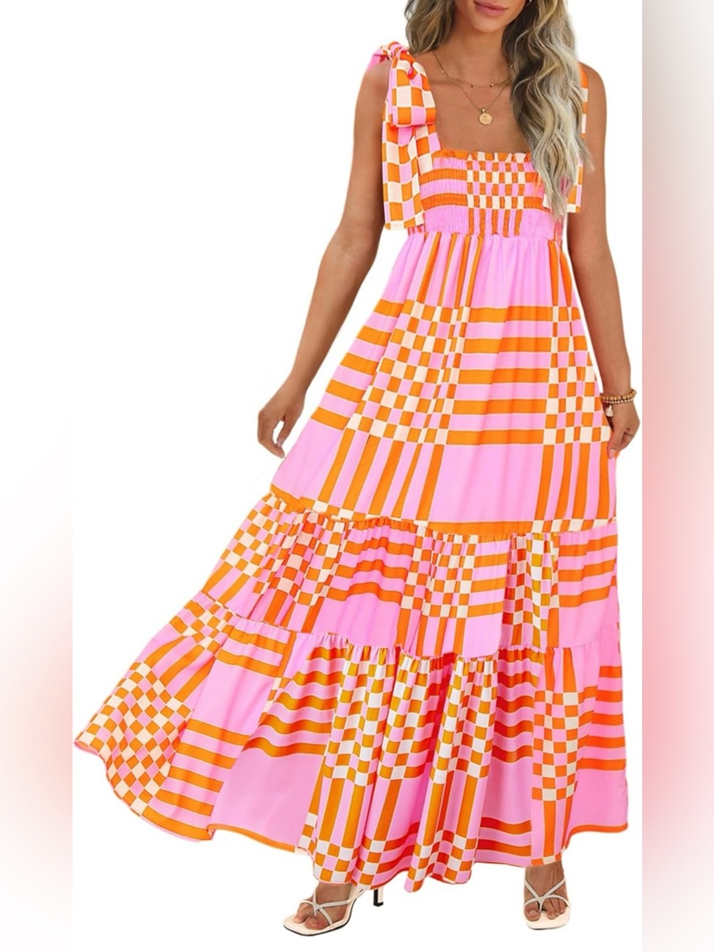 Pink & Orange Checkerboard Maxi Dress with Tie Straps